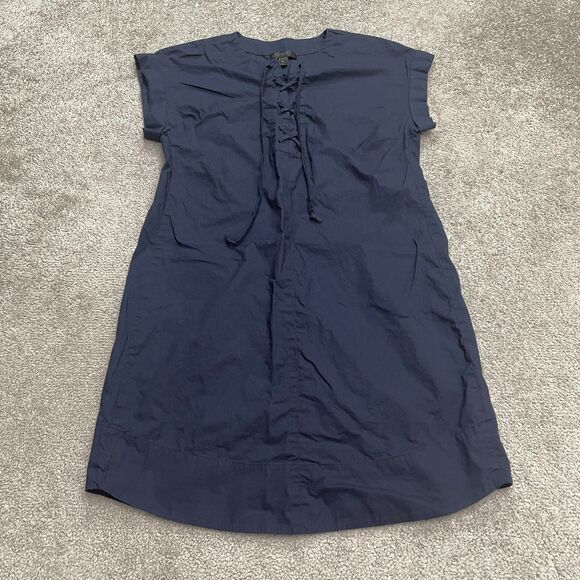 J.Crew Lace Up Shift Dress Womens Petite Small Navy Blue Cotton Casual Classic - Picture 1 of 13